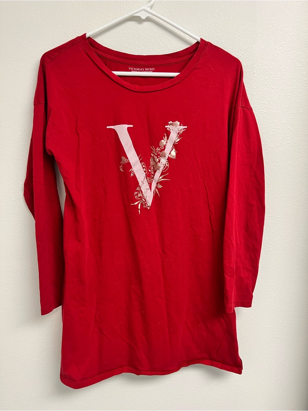 Victoria's Secret Red long- sleeve nightgown with White Floral 'V' Graphic